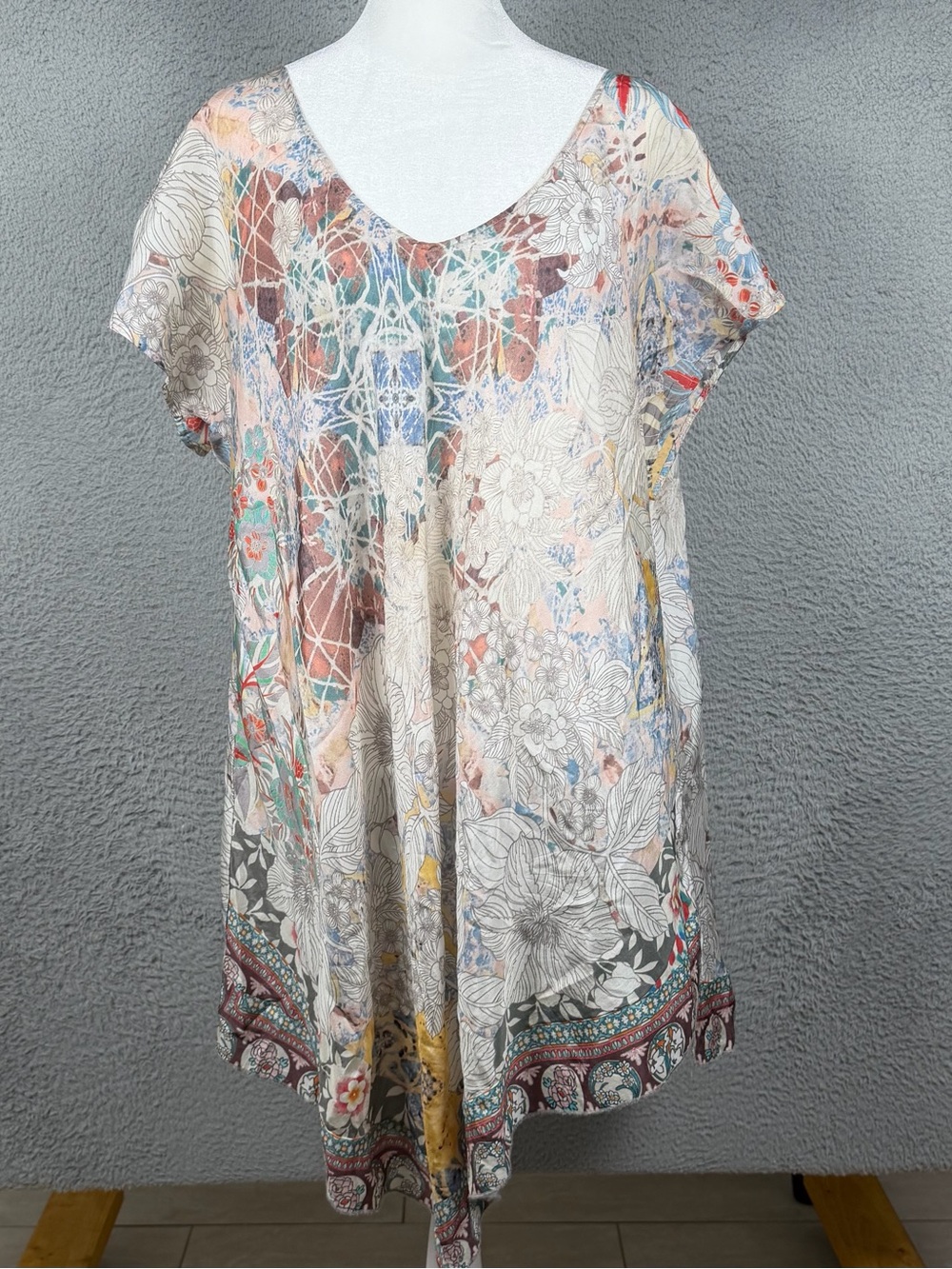 Johnny Was Tunic Top Womens XL Multicolor Floral Silk Relaxed Boho Peasant